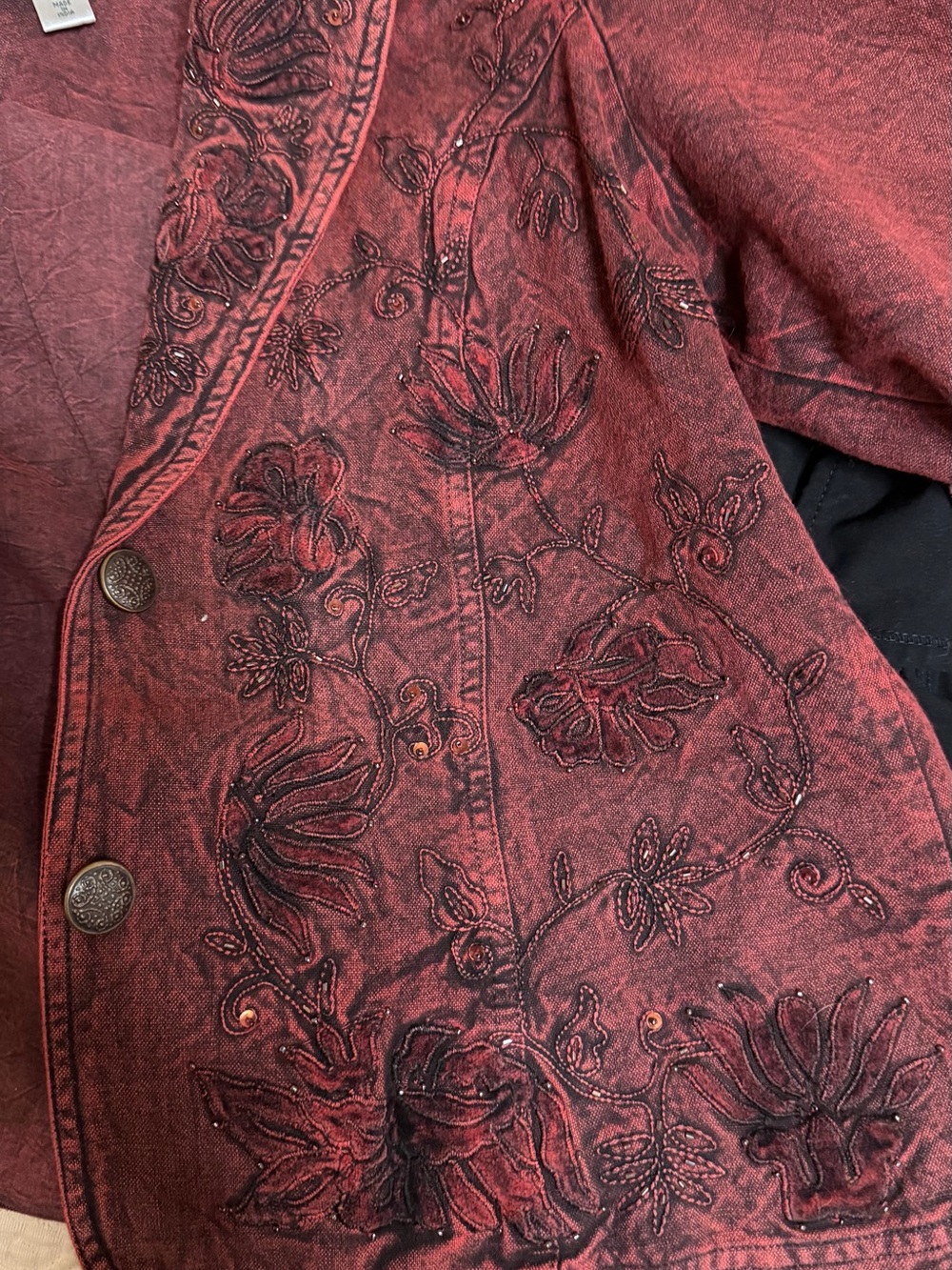 Coldwater Creek Embroidered Boho Jacket Size 14 Burgundy Cotton Artsy Blazer - Picture 14 of 15